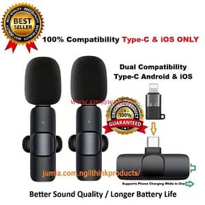 Dual Wireless Lapel Microphone Lavalier Mic TYPE-C Android Phones IPhone + IOS Adapter