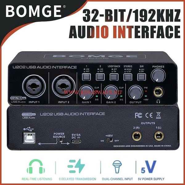 BOMGE U202 USB Audio Interface With Mic Preamplifier XLR/TSR/TS Ports,48V,32-Bit/192kHz Resolution For Computer